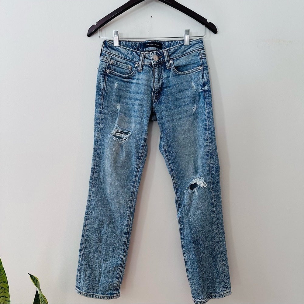 Aeropostale Mid Rise Ankle Straight Distressed Medium Wash Denim Jeans Size 00